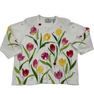 Design Options‎ by Philip Jane Gordon White Tulip Embroidered Cardigan Sweater L